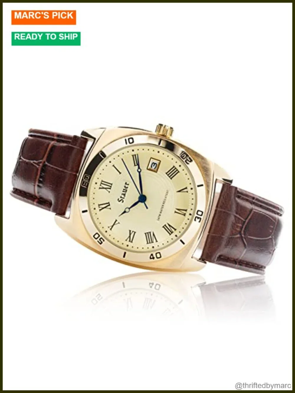 36mm Gold-Finished Alloy Watch with Genuine Brown Leather Band